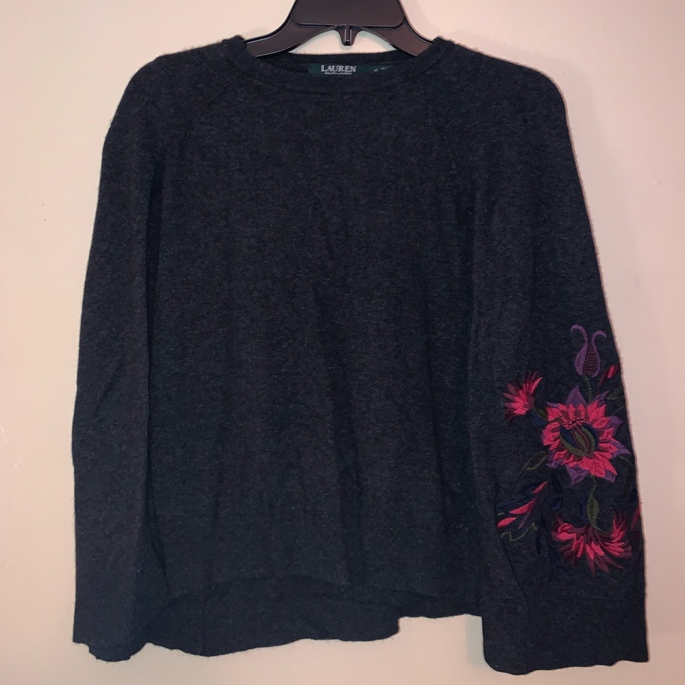 Ralph Lauren Charcoal Grey Floral Embroidery Open Cape Sweater